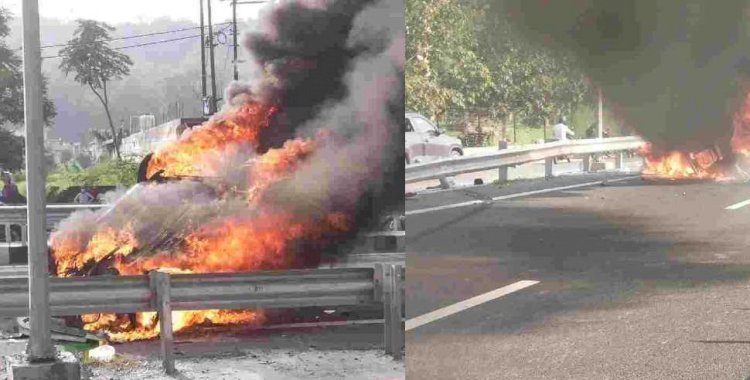 खौफनाक : सड़क पर पलटी और आग का गोला बन गई अल्टो कार, हादसे के वक्त पांच लोग थे कार में सवार