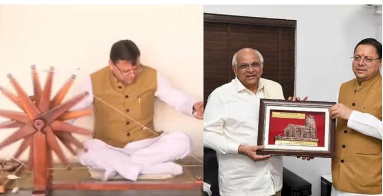 गुजरात : साबरमती पहुंचे सीएम धामी, राष्ट्पिता को किया याद, चलाया चरखा