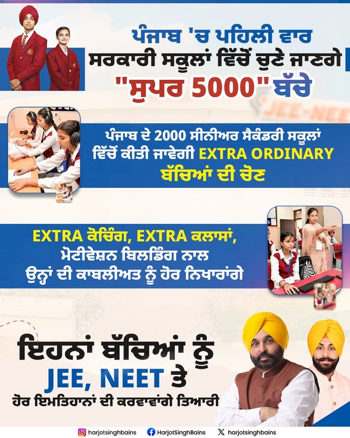 पंजाब में सरकारी स्कूलों को लेकर पहली बार बड़ा ऐलान हुआ है, सुपर 5000 स्कीम शुरू